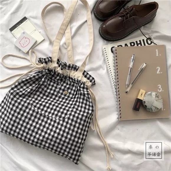 Canvas tote bag pocket plaid cream drawstring bags cute bear pins set checker - Picture 3 of 7